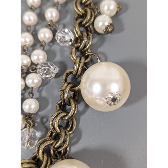 Dark Bronze Tone Faux Pearl Multi Chain Necklace Chunky Statement Bold 17.5" - Picture 4 of 9